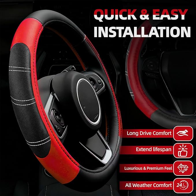 NBTEPEM 6 Pcs Red Car Accessories Set, Sport Leather Steering Wheel Cover 14.5-15inch Universal, Microfiber Leather Car Center Console Cover, Seat Belt Cushion, Cup Holder Coaster (Black-Red)