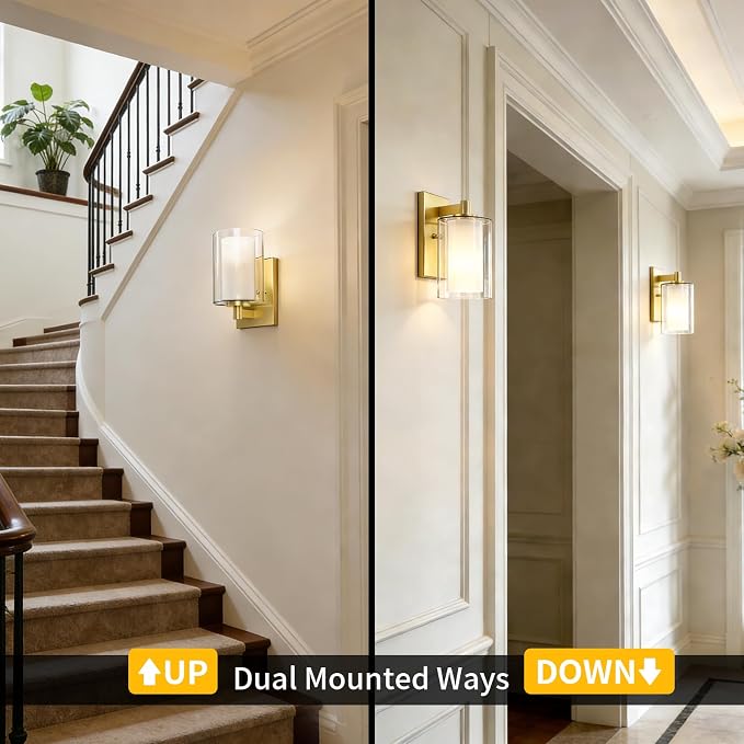 Kalium Wall Sconces Set of Two for Bathroom Bedroom Living Room Hallway Indoor Stairwell & Mirror, Farmhouse Modern Vanity Light Fixtures with Double Glass Shade & Gold Rustproof Metal Base, E26