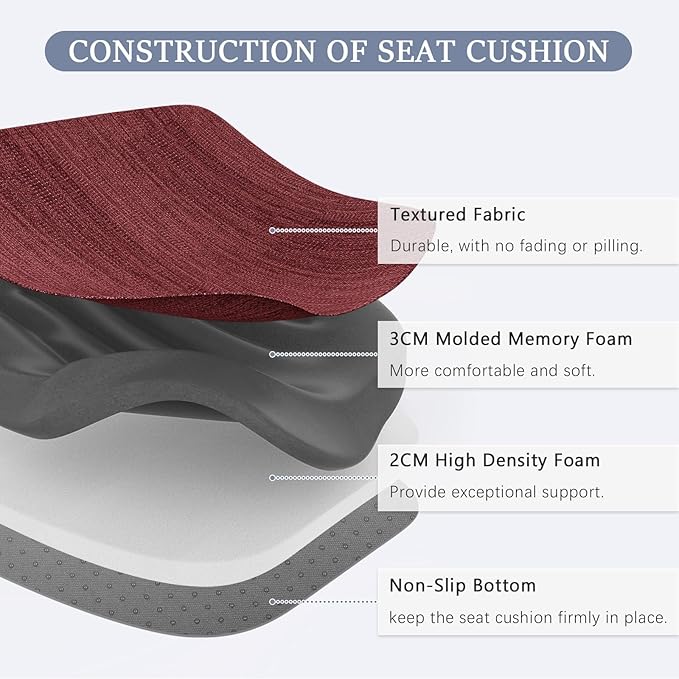 baibu Kitchen Chair Cushions, Dual-Layer Patented Design Molded Memory Foam Dining Chair Pads with Ties and Washable Cover, 17" x 16" x 2", Wine Red