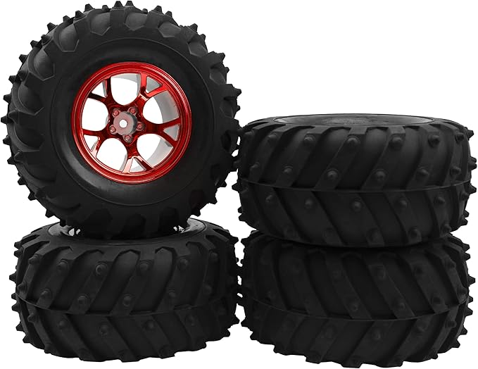 4.72''OD Rubber Tires & Wheel Rim 12mm Hex Hub Compatible with RedCat Volcano Traxxas Rustler HPI HSP Tamiya Exceed Himoto 1/10 Off-Road Monster Truck,120mmx56mm (Red)