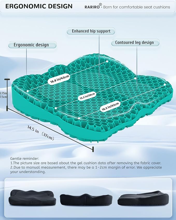 Gel Seat Cushion for Long Sitting(Enlarged & Thickened), Cooling Pressure Relief Seat Cushion for Wheelchair, Driving, Kayak, Office Desk Chair Seat Pad Gel for Heavy People[Green-2.75" Thick]
