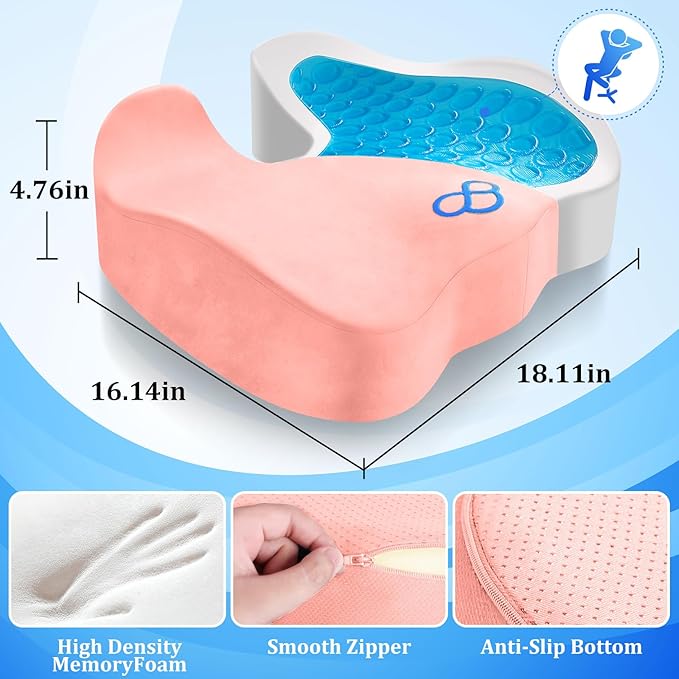 CushyOasis Seat Cushion, Chair Cushions, Office Chair Cushions, Anti-Slip Bottom & Removable Cover Tailbone Pain Relief Cushion, Memory Foam Seat Cushion for Office, Wheelchair, Car (Pink)