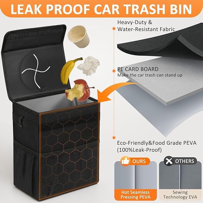 Vankor 3 Gallons Car Trash Can with Lid, Bag Bin Hanging Waterproof Automotive Car Garbage Cans Leak Proof Vehicle Trash Can Black