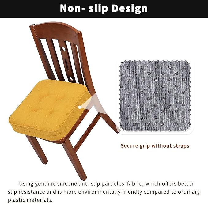 GOFORIT Memory Foam Cushion，Square Seat Cushions for Dining Chairs,Non-Slip Chair Pads with Removable Cover, 16'' x 16'',4 Pack, Yellow