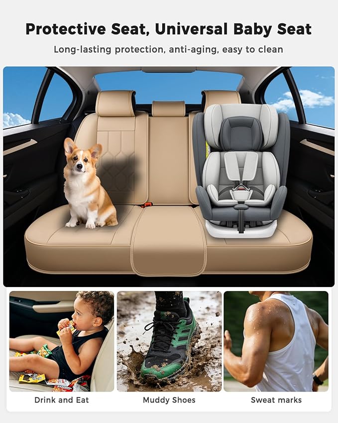 Huidasource Seat Covers Full Set, Universal Fit for Most Cars SUVs Trucks, Full Coverage Leather Automotive Seat Cover, Airbag, Cupholder Compatible, Seat Function Retain, Velcro Adjustable, Beige