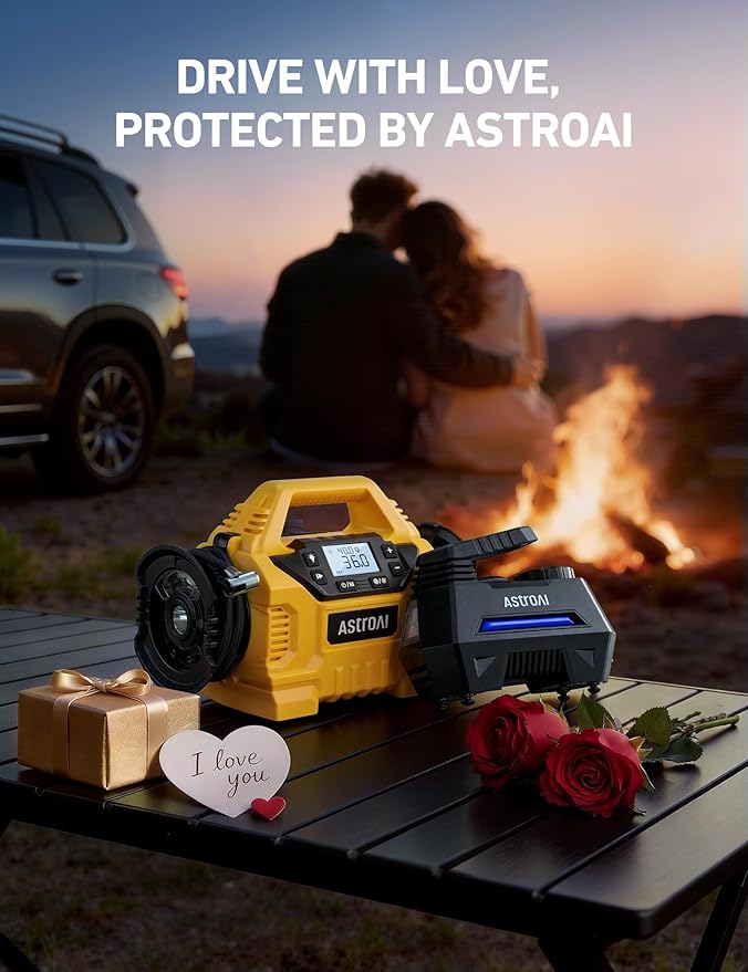 AstroAI Tire Inflator Portable Air Compressor Air Pump for Car Tires-Car Accessories, 9.8Ft Cord-12V DC-Powered Auto Pump with Digital Pressure Gauge, Emergency LED Light for Bicycle, Balloons, Blue