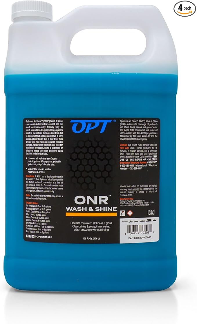 Optimum No Rinse Wash and Shine Version 5 - ONR Rinseless Car Wash Soap for Auto Detailing, Use On Paint, Ceramic Coatings, Glass, Interior (4 Gallons)