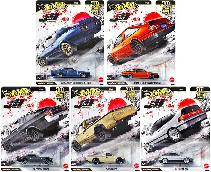 Hot Wheels Japan Historics 5 Premium Car Collection, 5-Pack Diecast Set with Nissan Skyline, Toyota Trueno, Celica, Datsun 620, Honda CRX, Car Culture Series FPY86-961P