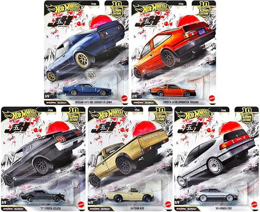Hot Wheels Japan Historics 5 Premium Car Collection, 5-Pack Diecast Set with Nissan Skyline, Toyota Trueno, Celica, Datsun 620, Honda CRX, Car Culture Series FPY86-961P