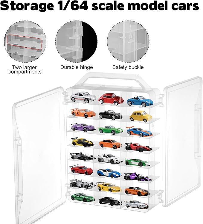 2Pcs Double Sided 1/64 Scale Toy Car Storage Case with Carrying Handle, Portable Transparent Storage Case Compatible with Matchbox Car Hot Wheels, 92 Slot Transparent Organizer for 96 Toy Cars