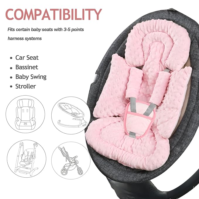 Infant Car Seat Insert Boy Girl, 3 in 1 Newborn Carseat Insert with Strap Pads,Car Seat Head Support for Baby Strollers, Swings, and Bouncers,Comfortable and Machine Washable, Pink