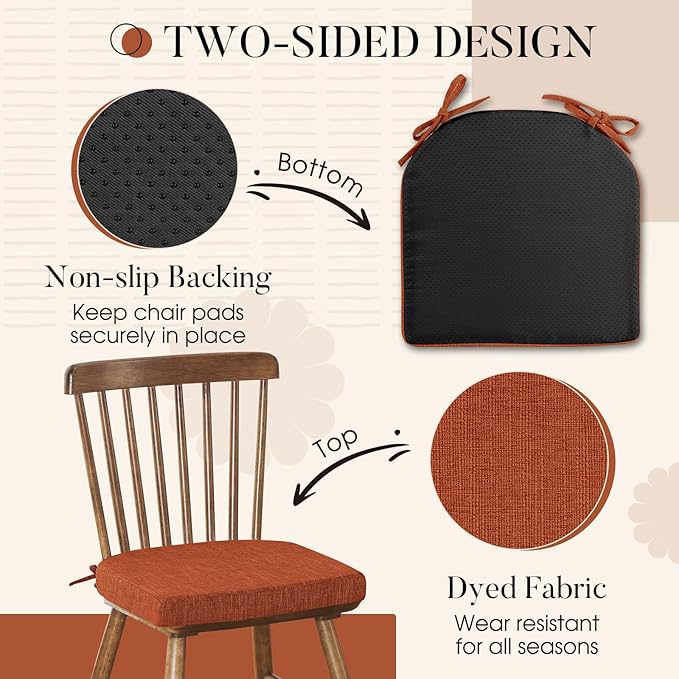 Basic Beyond Chair Cushions for Dining Chairs 4 Pack, Kitchen Chair Cushions with Ties and Non Slip Backing, 16 x 16 inches Chair Pads for Dining Chairs (Orange)