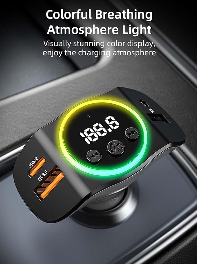 Bluetooth 5.3 FM Transmitter for Car, Wireless Car Adapter with QC3.0/PD30W Fast Charging, Hands-Free Calling, AUX/USB Playback, Navigation Broadcast & 7-Color Mood Light, Ideal for Older Cars/Trucks