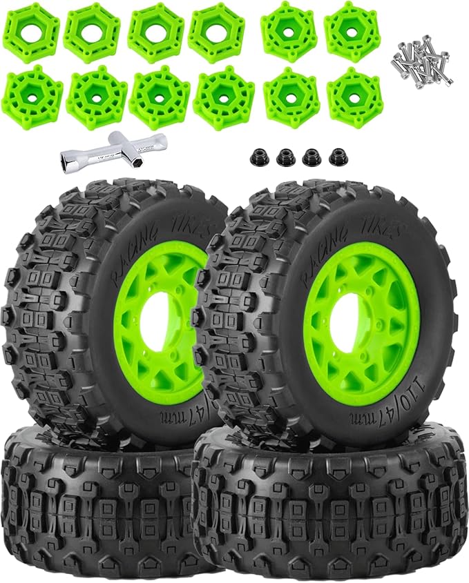 RC Truck Tires RC Wheels and Tires,12mm/14mm/17mm Hex RC Tires for 1/10 Slash 4×4 2WD,Arrm a Senton,Axia1 Red cat Rc 4wd,Off-Road Tire w/RC Wheels Hex,Green