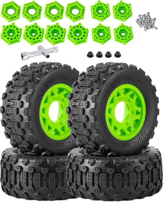 RC Truck Tires RC Wheels and Tires,12mm/14mm/17mm Hex RC Tires for 1/10 Slash 4×4 2WD,Arrm a Senton,Axia1 Red cat Rc 4wd,Off-Road Tire w/RC Wheels Hex,Green