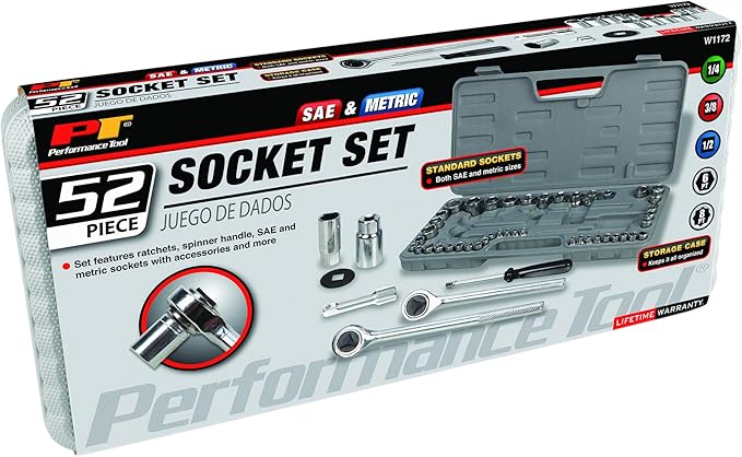 Performance Tool W1172 SAE/Metric 52-Piece Socket Set (1/4-Inch, 3/8-Inch & 1/2-Inch Drive)