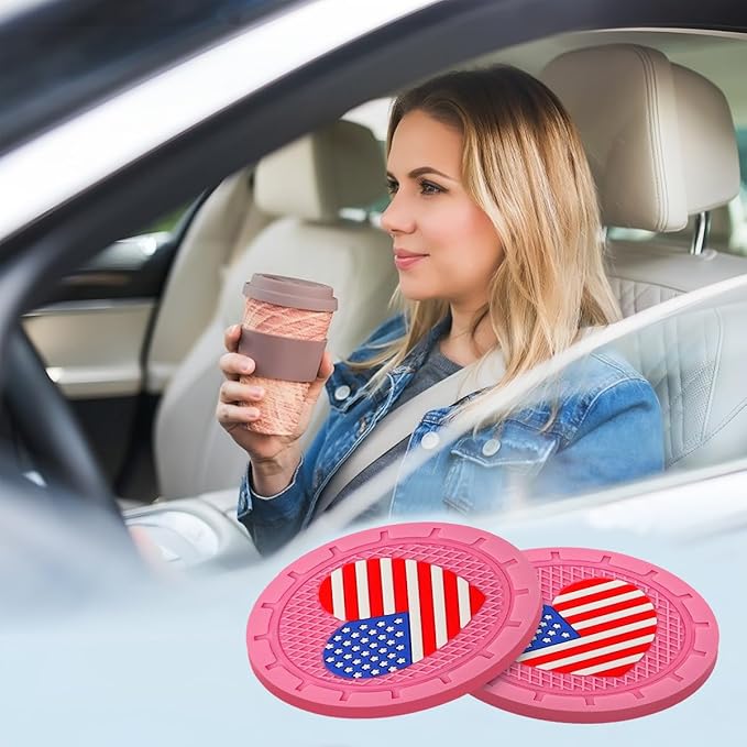 AUCELI 4 Pack Car Cup Holder Coasters, Colored American Flag US Flag Insert Car Cup Coaster, 2.75 Inch Anti Slip Shockproof Embedded Drink Mat, Vehicle Interior Decor Accessories