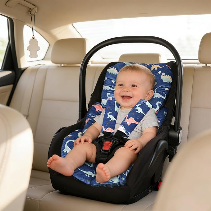 Infant Car Seat Insert Cushion, Super Soft Baby Car Seat Head Support & 2 Straps Pads, Reversible Preemie Newborn Carseat Insert, Fit Car Seat, Stroller, Infant Bouncer, Blue Dinosaur