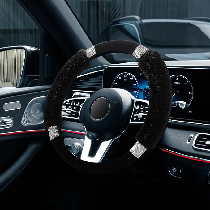 Achiou Rhinestone Fluffy Steering Wheel Cover - Comfortable Non-Slip Luxury Faux Wool, Universal Fit for 14.5" to 15" Steering Wheels