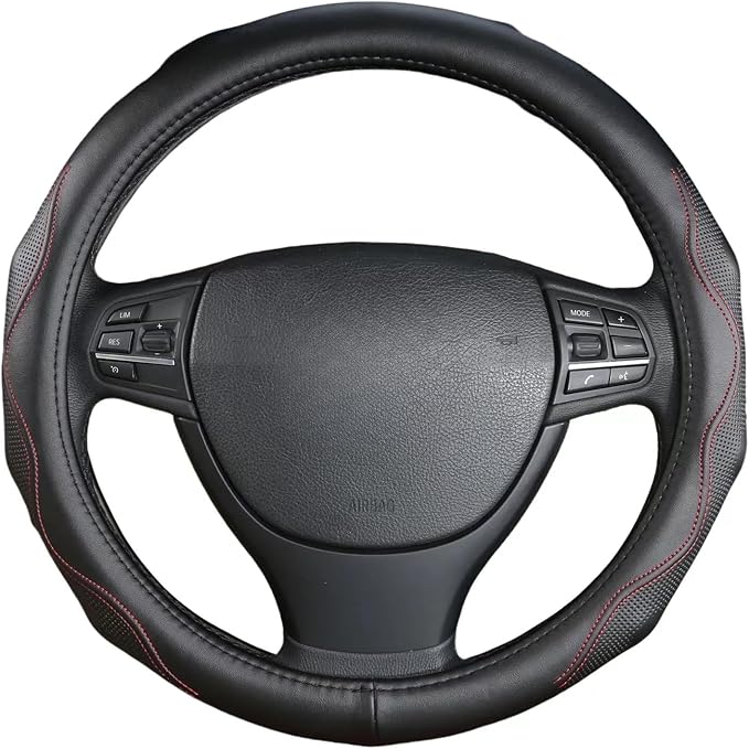 Leather Steering Wheel Cover (15 Inch, Black-red Stitching) | Real Leather with Silicone Lining, Non-Slip Universal Fit for Cars, SUVs & Trucks