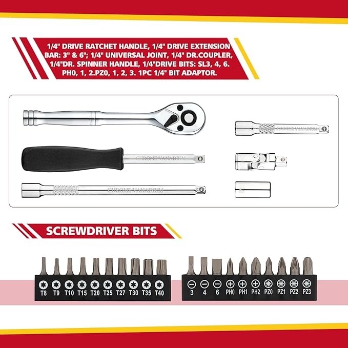 1/4" Drive Socket Set 74-Piece, 1/4” Drive Master Socket Set with Ratchets, 1/4" Drive Bits Set Extensions Bar, Universal Joint (5/32-Inch- 9/16-Inch, 4mm-14mm)