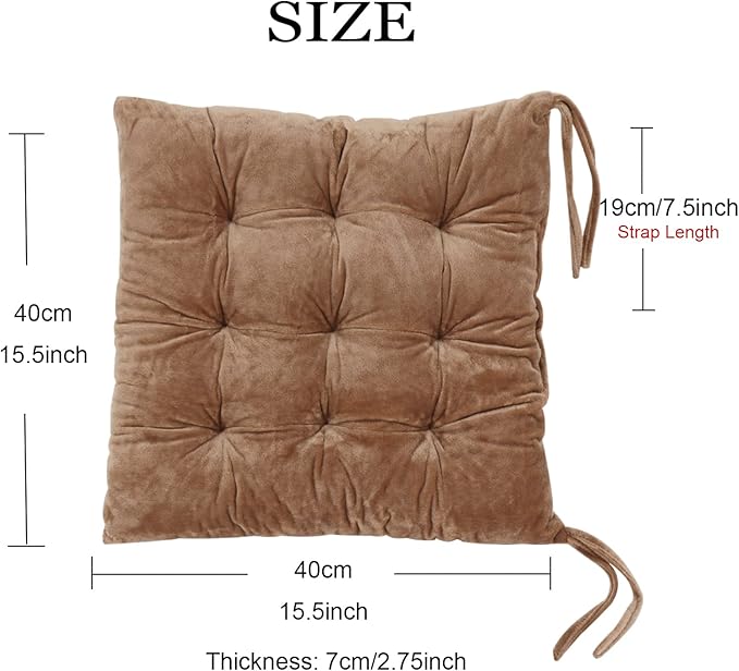 Set of 4 Square Chair Pads Indoor Seat Cushions Pillows with Ties Soft Comfortable Non Slip Chair Mat for Kitchen Dining Office Desk Living Room Outdoor Tatami 15.5" - Khaki