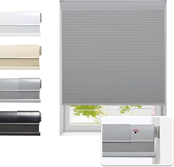 Tonature No Drill Cellular Shades for Indoor Windows, Thermal Insulating & Noise Reducing Honeycomb Blinds, Free Stop Cordless Blackout Shades, Grey,45 1/2" W x 64" H