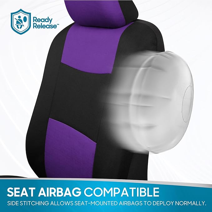 BDK PolyPro Car Seat Covers Full Set in Purple on Black, Front and Rear Split Bench Seat Covers for Cars, Easy to Install Car Seats Cover Set and Accessories for Auto Trucks Van SUV - Purple