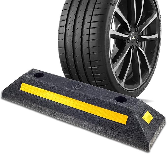 Curb Garage Vehicle Floor Parking Stopper, Heavy Duty Rubber Parking Lot Driveway Stopper with Yellow Refective Stripes for Car Vans Trucks RVs Trailer Tire Wheel Guide Block Protect Bumper, 1PC