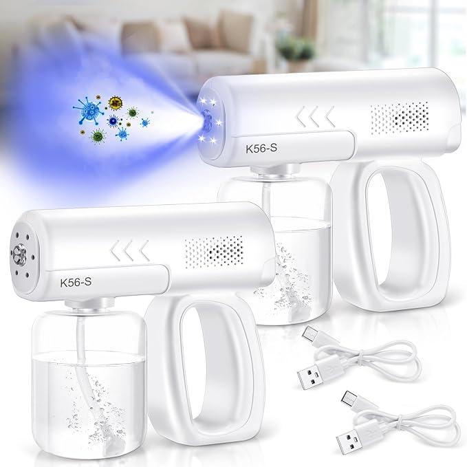 2 Pack Rechargeable Nano Spary Gun Wireless Disinfectant Fogger Machine Handheld Electric Sanitizer Atomizer Portable Barber Mist Sprayer Nano Steam Gun with Blue Light for Home Office Garden