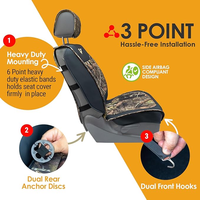 Mossy Oak Heavy Duty Premium Truck Seat Covers for Front Seats, Fits Full-Size Truck SUV, Padded Seat Cover with Bottom Wrap-around, Front & Rear Storage Pockets,Front Seat Protector, Waterproof, 2 pc