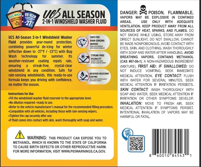 UCS Advanced All-Season Windshield Washer Fluid Winter Protection to -27F | 2-in-1 Bug Wash & Water Beading Technology | Streak-Free Visibility | 1 Gallon Pack of 2