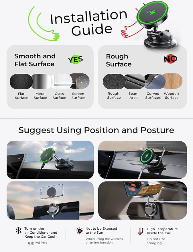 LISEN for 15W Magsafe Car Mount Charger, Magnetic Phone Holders for Your Car, Magnetic Wireless Car Charger, Suction Phone Mount for Car Accessories for Truck Jeep for iPhone 17 Pro Max 16 15 14 13 12