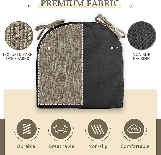 Wellsin Chair Cushions for Dining Chairs 6 Pack - Kitchen Chair Cushions with Ties and Non-Slip Backing - Dining Chair Pads 16"X16"X2", Khaki