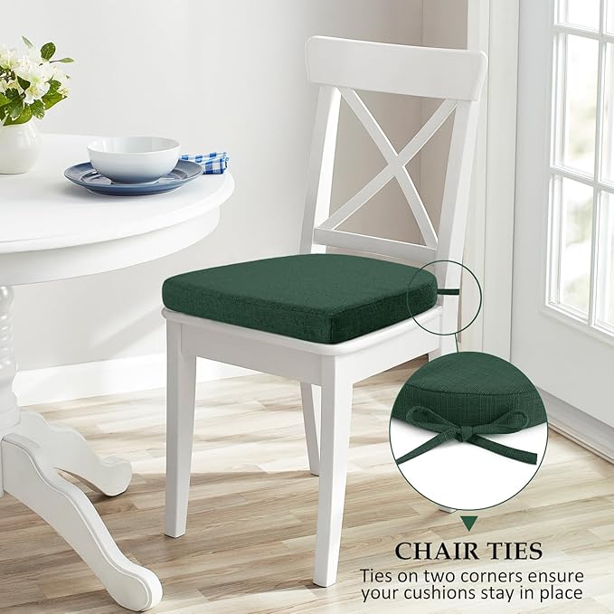 Wellsin Chair Cushions for Dining Chairs 4 Pack - Kitchen Chair Cushions with Ties and Non-Slip Backing - Dining Chair Pads 16"X16"X2", Dark Green