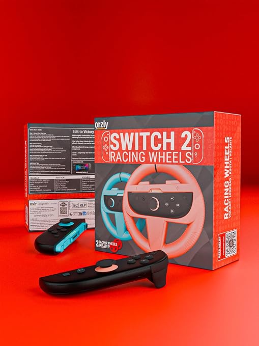 Orzly Steering Wheels Compatible with Nintendo Switch 2 (2025 Console) Twin Pack Racing Wheel Accessories for Joy Con Controllers and MarioKart Racing Games (1 Red 1 Blue) Gift Boxed