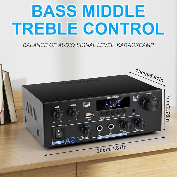 Romica AK55 Stereo Audio Amplifier, 2 Channel 500W Bluetooth 5.0 Home Audio Stereo Receivers with FM, Echo, AUX, USB, SD, MIC, Optical & Coaxial Inputs, AMP for Passive Speakers and Active subwoofer