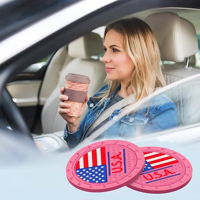 AUCELI 4 Pack Car Cup Holder Coasters, Colored American Flag US Flag Insert Car Cup Coaster, 2.75 Inch Anti Slip Shockproof Embedded Drink Mat, Vehicle Interior Decor Accessories