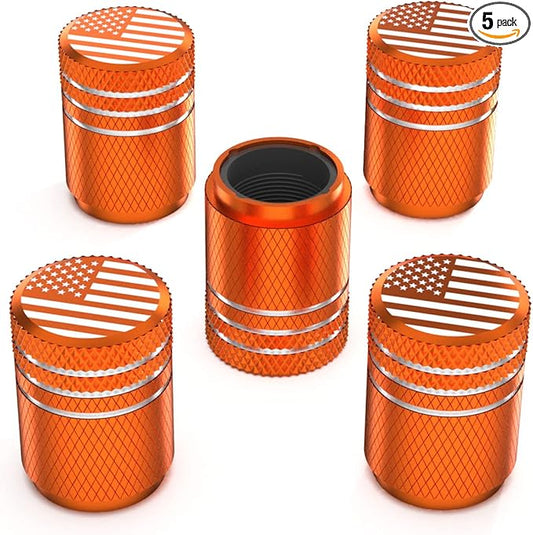 Tire Valve Stem Caps for Car Tire Cap 5 Pack Corrosion Resistant Leak-Proof Premium Alloy American Flag Universal for Car Bike Truck Motorcycle Orange