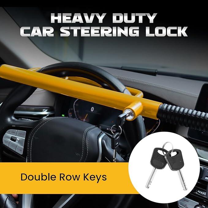 LAMA Heavy Duty Steering Wheel Lock Car Anti-Theft Device, Universal Vehicle Steering Wheel Lock Car Anti Theft Security Lock for Cars Trucks Vans and SUVs(Yellow)