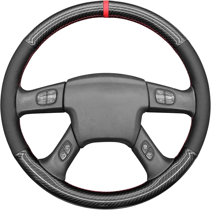 MEWANT Hand Stitch Steering Wheel Cover for Chevy Silverado 1500 Carbon Fiber Hive Embossed Faux Leather Steering Wrap