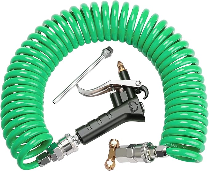 Heavy Duty Truck Air Duster Blow Gun Cleaning with 9 Meter Long Coil and 2 interchangeable nozzle tips- Green Air Seat Blow Gun Kit