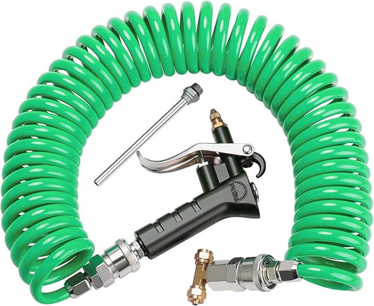 Heavy Duty Truck Air Duster Blow Gun Cleaning with 9 Meter Long Coil and 2 interchangeable nozzle tips- Green Air Seat Blow Gun Kit