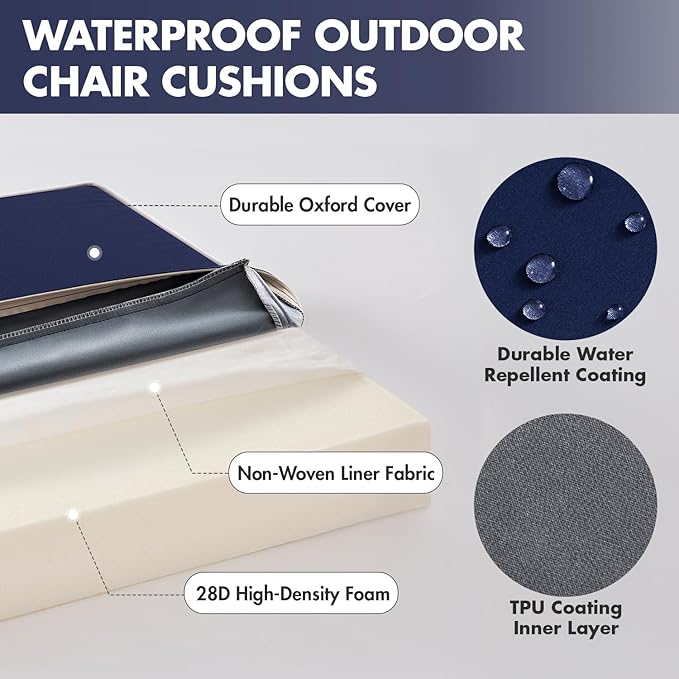 MIULEE Navy Blue 19 x 19 x 3 Outdoor Chair Cushions Waterproof Patio Chair Cushions with Adjustable Straps Set of 2 for Patio Furniture 3-Year Color Fastness Garden Sofa Couch