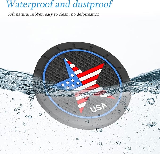 AUCELI 2 Pack Car Cup Holder Coasters, Colored American Flag US Flag Insert Car Cup Coaster, 2.75 Inch Anti Slip Shockproof Embedded Drink Mat, Vehicle Interior Decor Accessories