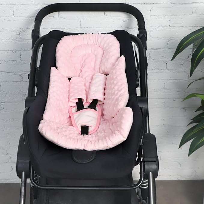 Infant Car Seat Insert Boy Girl, 3 in 1 Newborn Carseat Insert with Strap Pads,Car Seat Head Support for Baby Strollers, Swings, and Bouncers,Comfortable and Machine Washable, Pink