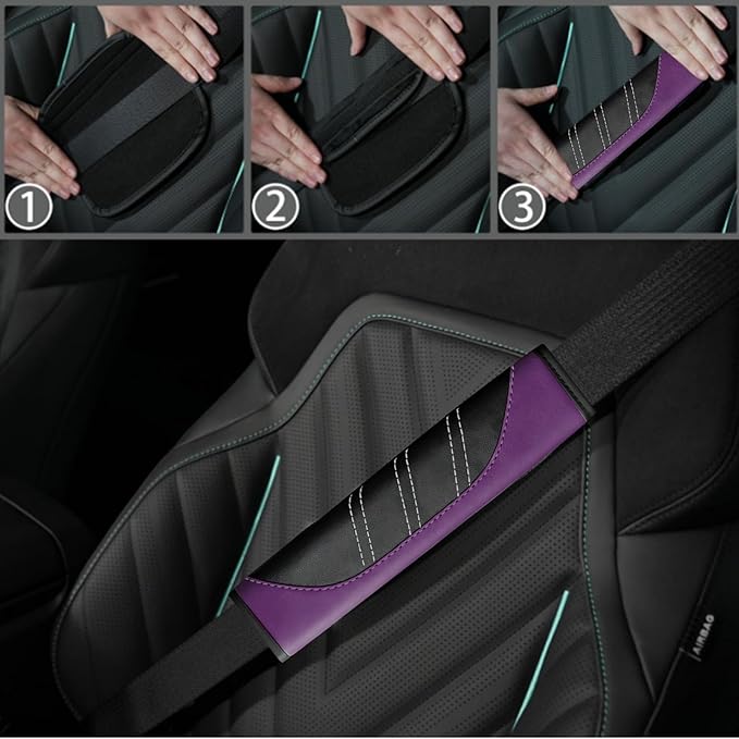 NBTEPEM 6 Pcs Purple Car Accessories Set, Sport Leather Steering Wheel Cover 14.5-15inch Universal, Leather Car Center Console Cover, Seat Belt Cushion, Cup Holder Coaster (Black-Purple)
