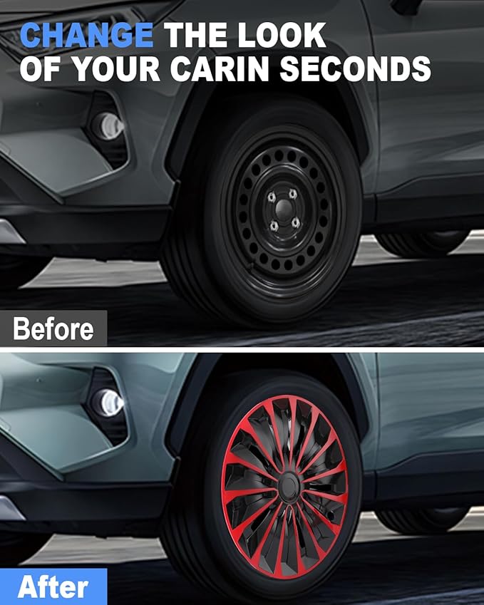 ABX Hubcap Wheel Covers Hub Caps 15 Inch Set of 4 Black & Red Universal Wheel Rim Cover R15 Stylish Car Decor Wheel Covers for Toyota Camry Nissan Mazda (TT Black & Red, 15 inch)