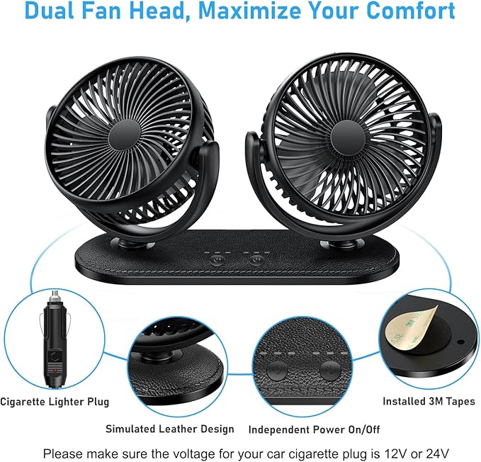 TriPole Car Fan 12V / 24V Portable Auto Cooling Fan Dual Head Rotatable Vehicle Fans 3 Speeds Strong Wind Electric Air Circulation Fans for Car Dashboard Truck SUV Sedan RV Van Boat Golf Cart