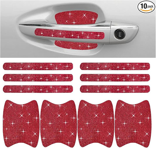 JOYCOURT 10PCS Bling Car Door Handle Anti-Scratch Sticker, Universal Car Doors Handles Protective Cover, Shiny Rhinestone Auto Decor Accessories for Women (Red)